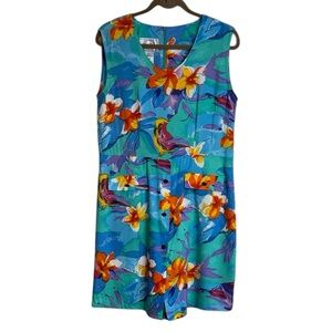 Lauren Brooks Vintage Romper Dress Large Floral Tropical Resort